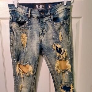 AHP Jeans Mens 34x32 Paint Splatter Distressed Patches Skinny Taper Denim
